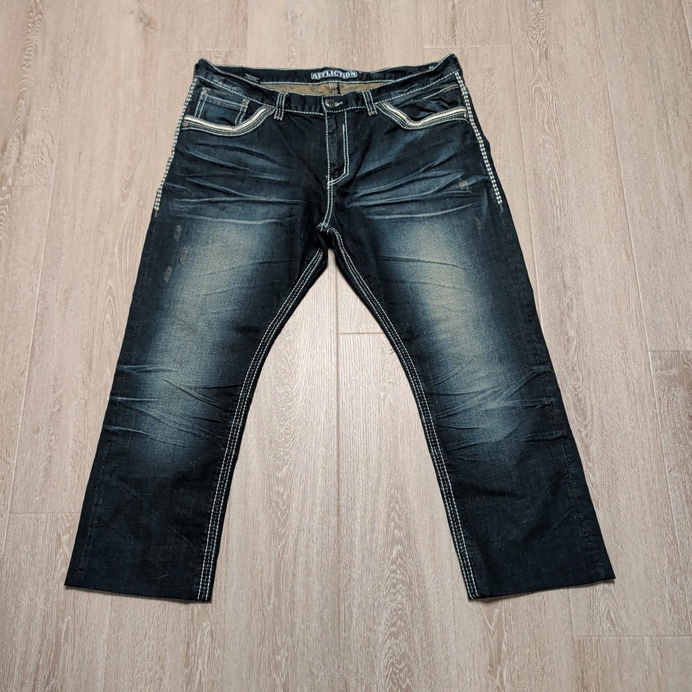 Y2K‎ Affliction Ace Embroidered Jeans Mens 40x26 Hemmed Dark Wash Black Premium